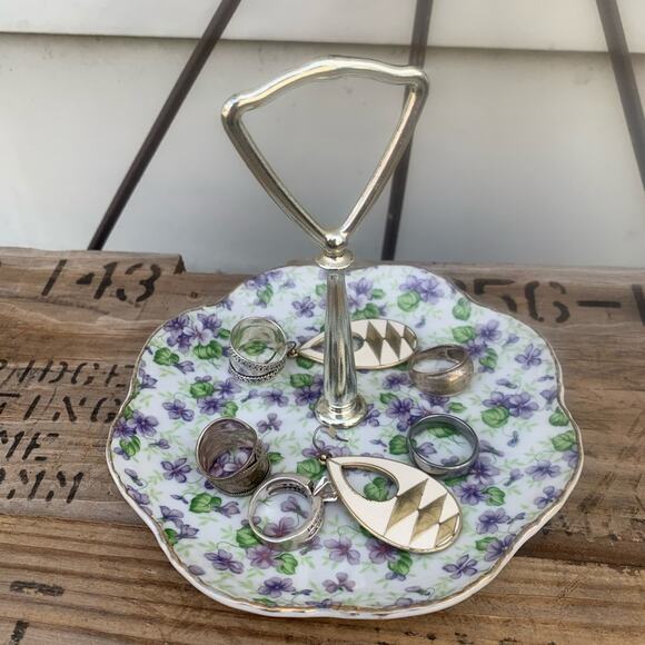 Vintage Lefton’s China tidbits serving plate trinket tray purple green floral - Picture 1 of 6